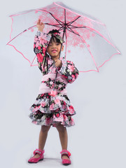 asian little girl  Wearing yukata Hold an umbrella on white backgound