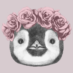 Portrait of Penguin with floral head wreath. Hand-drawn illustration. Vector isolated elements.	