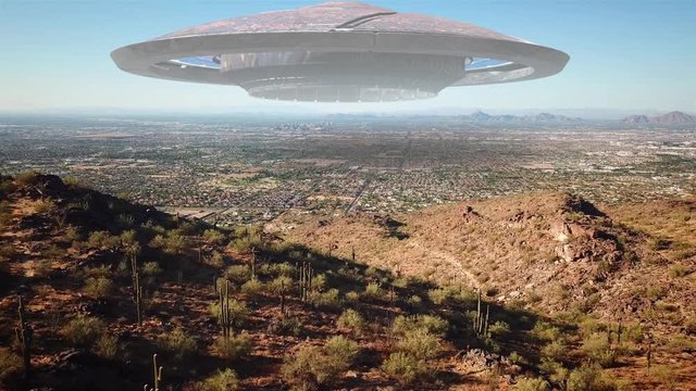 Alien Spaceship Hovering over Phoenix Arizona City Illustration Powerful Video Illustration using real footage with visual effect elements of Large Alien Saucer Hovers over Phoenix Arizona, usa