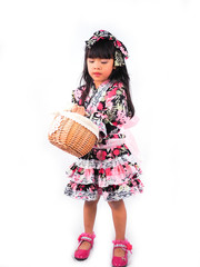 asian little girl  Wearing yukata with fruit basket on white backgound