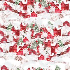 Bright watercolor christmas seamless pattern with funny winter village. 