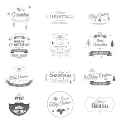 Merry Christmas and Happy New Year Typography Collection. Templates for Greeting Cards. Vector Logo, Emblems.