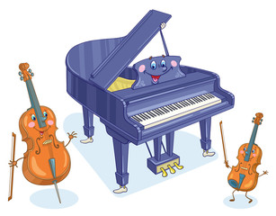 Musical instruments. Cheerful violin, cello and grand piano. In cartoon style. Isolated on a white background. Vector illustration. © Shvetsova Yulia