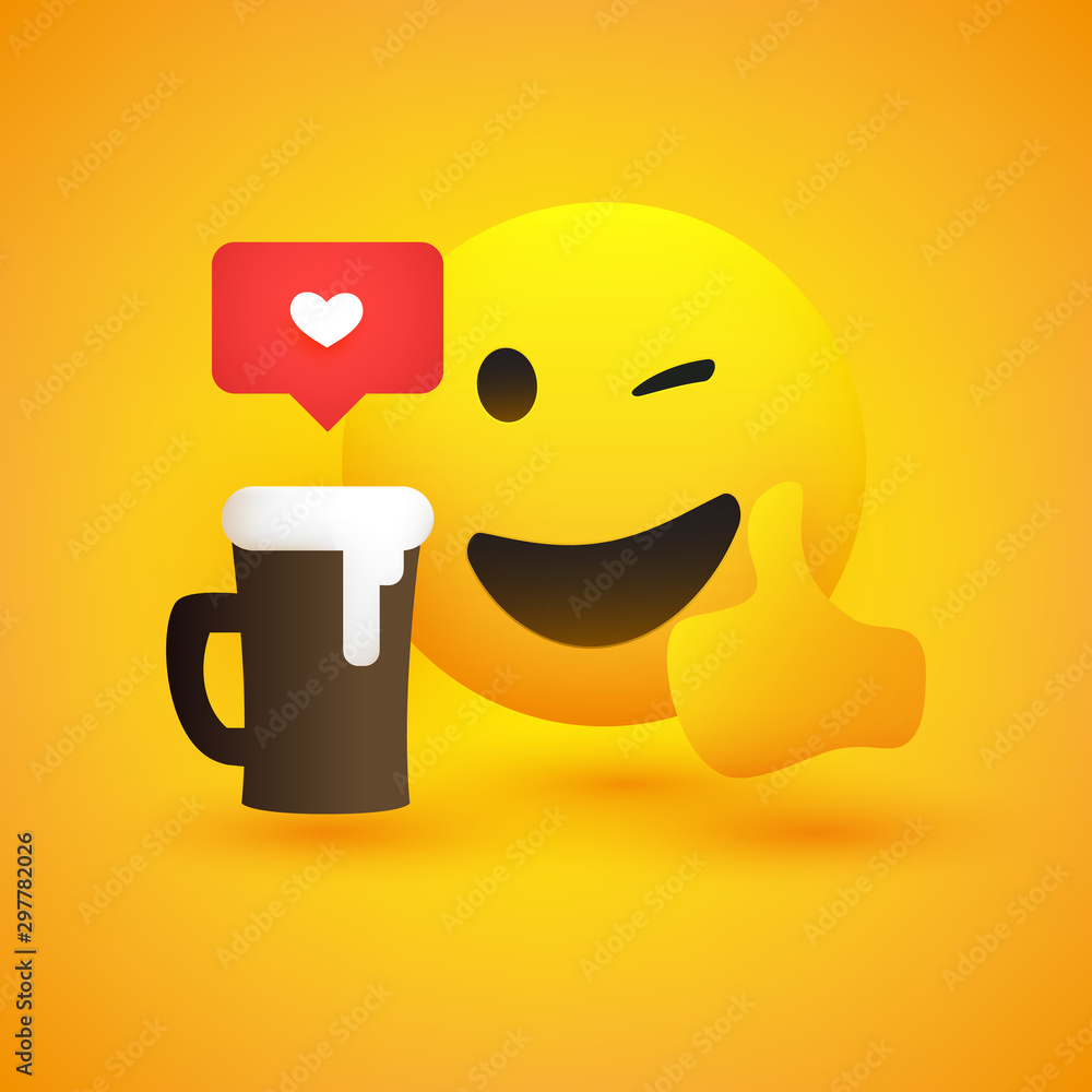 Poster Smiling and Winking Emoji Showing Thumbs Up - Simple Shiny Happy Emoticon with Beer Mug and Speech Bubble on Yellow Background - Vector Design