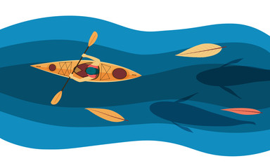 Kayak on the river with fishes top view.