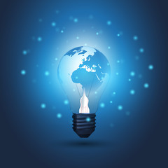 Abstract Cloud Computing, Electric and Global Network Connections Concept Design with Earth Globe Inside a Glowing Light Bulb and Transparent Geometric Mesh - Illustration in Editable Vector Format