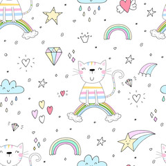 Hand drawn seamless pattern with cute cat on a rainbow, doodle illustration for kids vector print