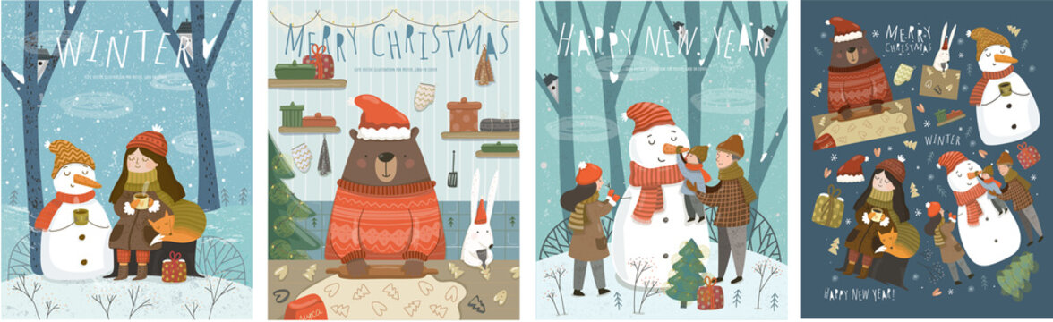 Merry Christmas and Happy New Year! Cute vector illustrations with characters, family, animals and a snowman for the winter holidays for a card, background or poster.