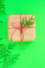 gift box festive packaging (New Year or Christmas, birthday) concept. food background. copy space. Top view