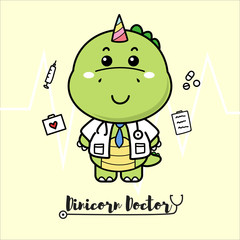 Cute dinosaur unicorn doctor logo for kid.Mascot cartoon hand draw.