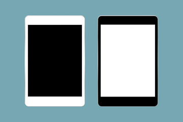 Black and white tablet computers mockups with blank screens isolated on yellow background with clipping path
