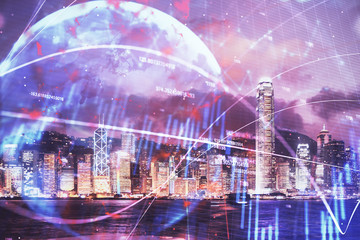 Double exposure of forex chart drawings over cityscape background. Concept of success.