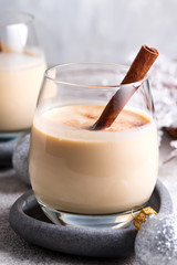 Winter spicy hot drink eggnog in a glasses with cinamon in stone plate, ice frost branches on light stone table
