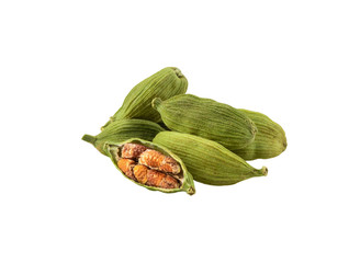 Green cardamom pods with seeds isolated on white background with copy space for text or images....