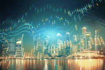 Financial chart on city scape with tall buildings background multi exposure. Analysis concept.