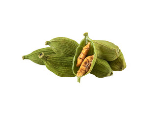 Green cardamom pods with seeds isolated on white background with copy space for text or images. Spices, food, cooking concept. Close-up shot.