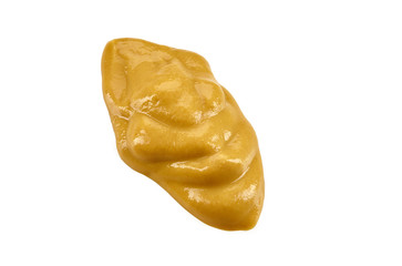 Mustard sauce isolated on white background with copy space for text or images. Spices and herbs. Close-up shot, top view.
