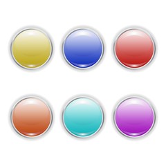 Set Vector realistic color plastic buttons with metal frame isolated on white background. 3D illustration.