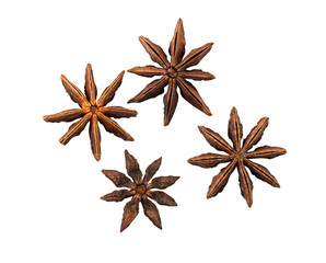 Anise stars isolated on white background with copy space for text or images. Spices and herbs. Close-up shot, top view.