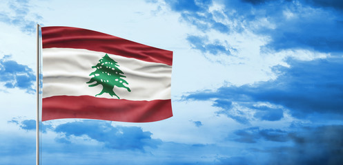 Lebanon National Day. Lebanese Flag with stripes, Cedar and national colors. Sky background illustration.