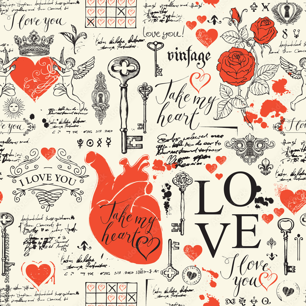 Poster vector seamless pattern on the theme of love and valentine day in retro style. abstract background w