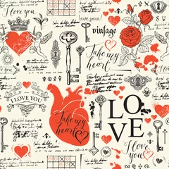 Vektornahtloses Muster zum Thema Liebe und Valentinstag im Retro-Stil. Abstrakter Hintergrund mit roten Herzen, Rosen, Schlüsseln, Schlüssellöchern, Amoretten und handschriftlichen Inschriften auf hellem Hintergrund. © paseven