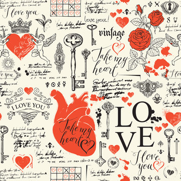 Fototapeta Vector seamless pattern on the theme of love and Valentine day in retro style. Abstract background with red hearts, roses, keys, keyholes, cupids and handwritten inscriptions on light backdrop.