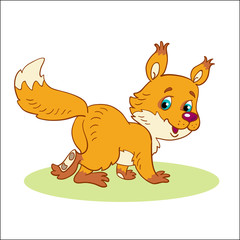Little, funny, red squirrel on the glade. In cartoon style. Isolated on a white background.