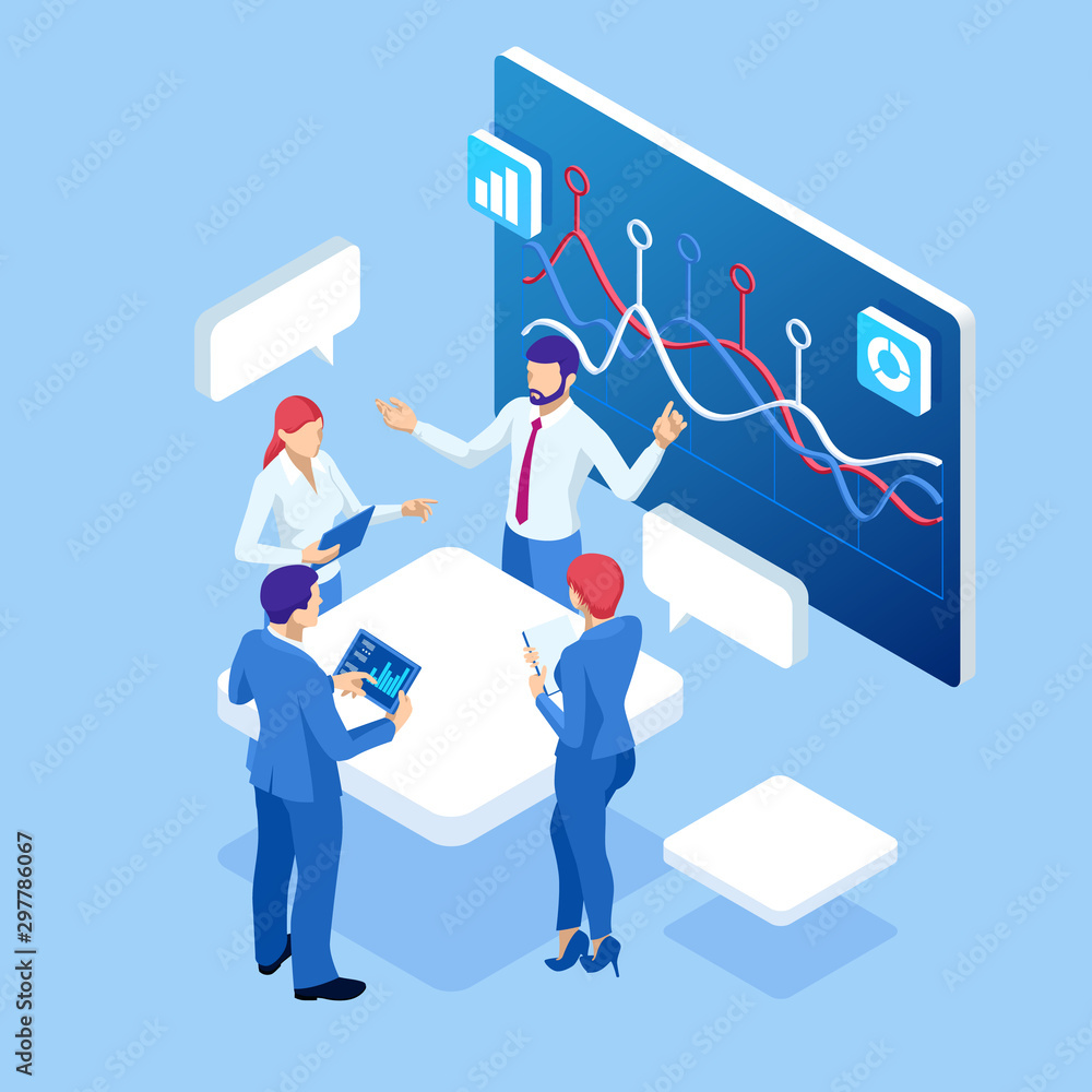 Poster isometric business data analytics process management or intelligence dashboard on virtual screen sho