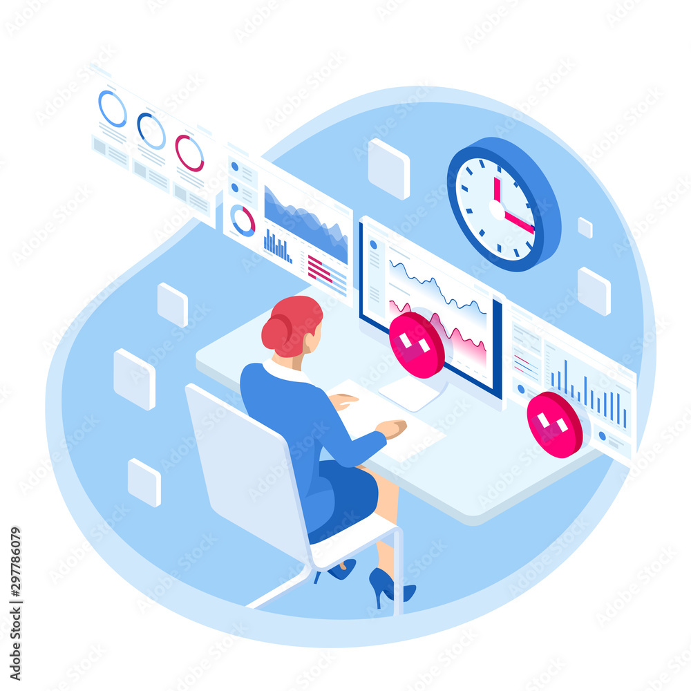 Poster isometric business data analytics process management or intelligence dashboard on virtual screen sho