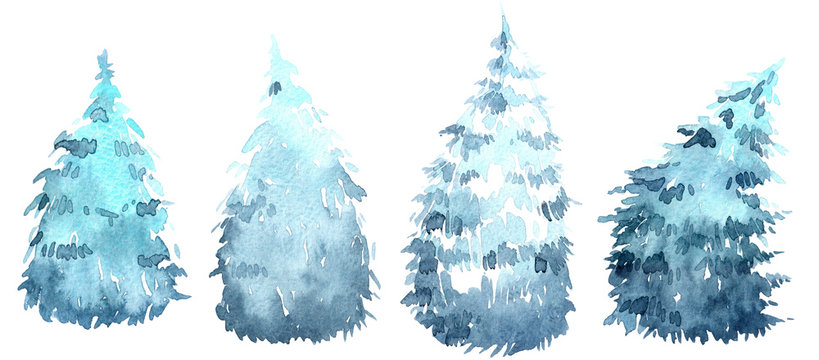 Set of watercolor christmas trees, hand drawn on a white background. Christmas card. blue christmas tree with snow on the branches.
