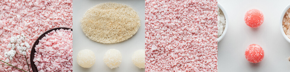 Fototapeta na wymiar collage of pink bath salt, balls of sugar scrub and natural washcloth on white background