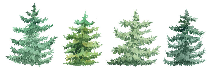 Set of watercolor christmas trees, hand drawn on a white background. Christmas card. - 297786463