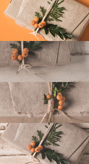collage of rustic brown cloth with sea buckthorn, Christmas decor