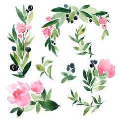 Hand drawn watercolor illustration of abstract green branch with flowers. Elements for design of invitations, movie posters, fabrics and other objects, isolated on white background