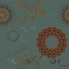 Seamless pattern - golden lace patterns, brown shades of the contours - coffee, dark and milk chocolate. The background is gray. Greeting card, invitation, curtains, scarf, tablecloth, bedding.