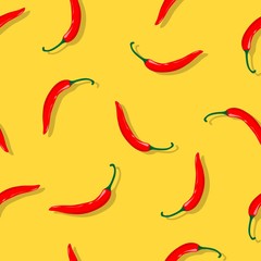 Vector seamless pattern with red chilli pepper on trendy yellow background. Beautiful endless backdrop with red chilli pepper. Perfect for wallpapers, web page, textures, textile, card, poster.