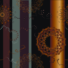 Seamless pattern - gold and brown lace patterns. Background - vertical stripes - gray and burgundy. Greeting card, invitation, curtains, scarf, tablecloth, bedding material.