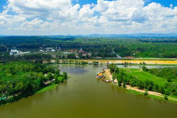 Aerial view of natural reservoir with green nature in Chumphon province, Thailand.