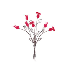 Bouquet of decorative red mini roses on black stems with leaves. Simple silhouette drawing. Watercolor hand painted elements isolated on white background.