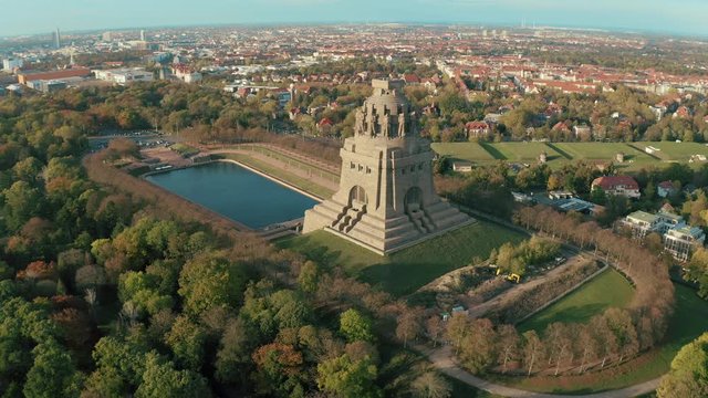 Top aerial panoramic view at the Monument to the Battle of the Nations (V&ouml;lkerschlachtdenkmal) in Leipzig, Saxony, Germany on a sunny day