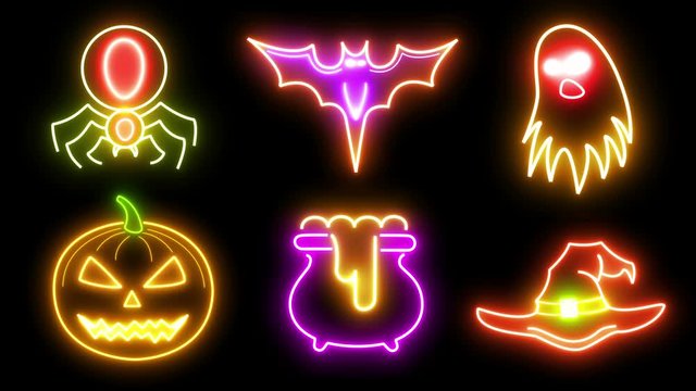 Halloween Set Of Glowing Neon Icons Bat, Ghost, Spider, Pumpkin, Witch Hat, Cauldron And Potion. Seamless Loop