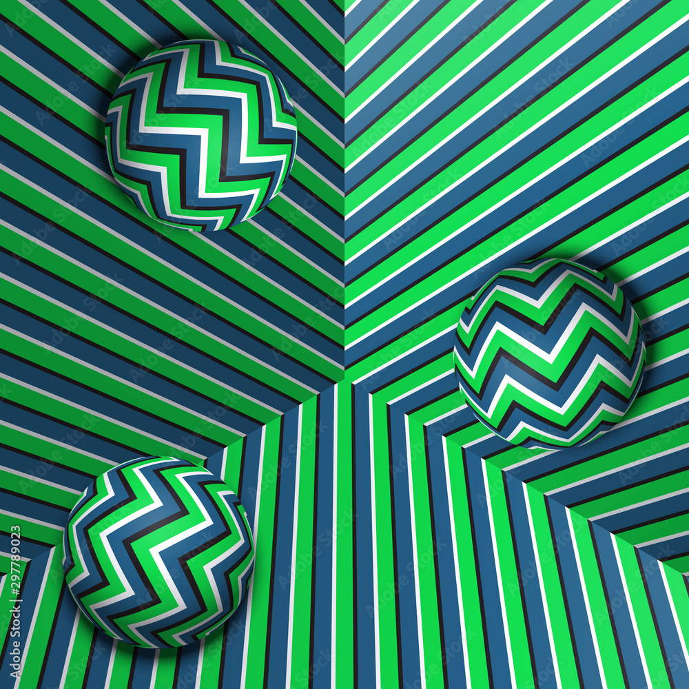 Aufkleber three spheres move in corner. optical illusion abstraction of striped pattern.