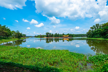 Wood bridge cross the river and blusky with cloud  in Chumphon province.