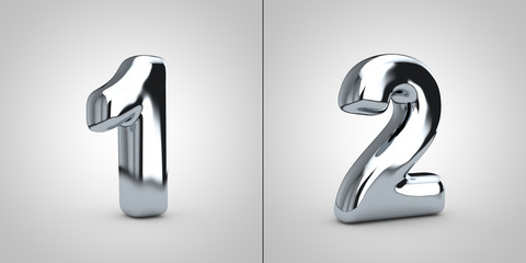 Chrome alphabet numbers 1 and 2 isolated on white background
