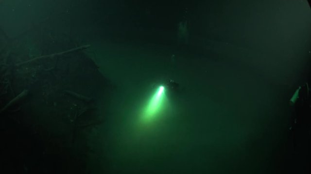 Diver over muddy water halocline near tree roots and sudden change of water salinity in cenotes of underwater cave in Mexico. Divers during cave diving. Phenomenon of wildlife in underwater world.