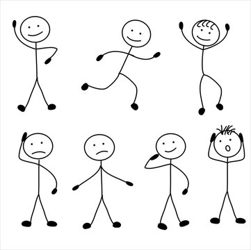 stick man with different poses of standing, running, jumping, thinking, walking