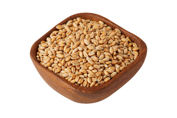 Raw wheat grain in wooden bowl isolated on white background