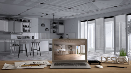 Architect designer desktop concept, laptop on wooden work desk with screen showing interior design project, blueprint draft background, modern white kitchen with wooden details