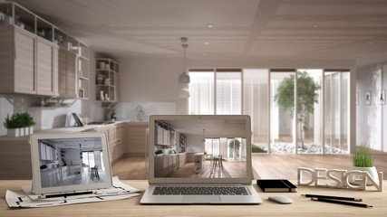 Architect designer desktop concept, laptop and tablet on wooden desk with screen showing interior design project and CAD sketch, blurred draft in the background, modern white kitchen